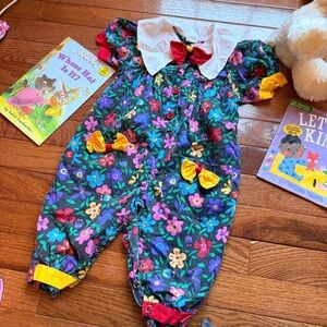 FLAWS! Vintage Funky Floral Romper, 12m *missing buttons and bleach spot*